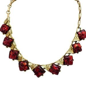 Coro Red Confetti Choker Gold Tone Necklace Vintage Lucite Glitter Retro Atomic